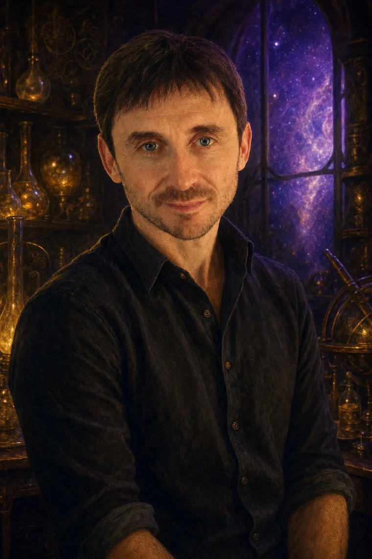 Painted portrait of Wayne Atkinson in his workshop — warm lamplight, shelves of glowing vessels behind him