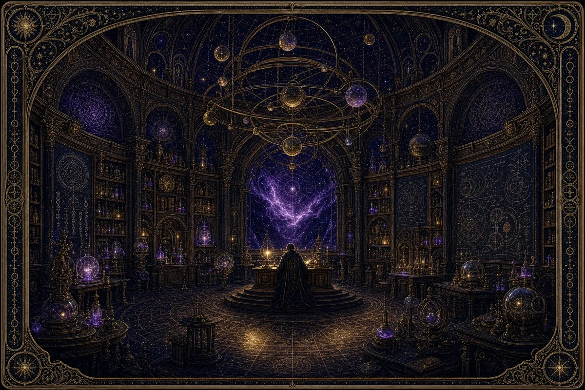 Etched engraving of the workshop-observatory in Worcestershire: a desk of glowing instruments and screens beneath a domed window open to a field of stars