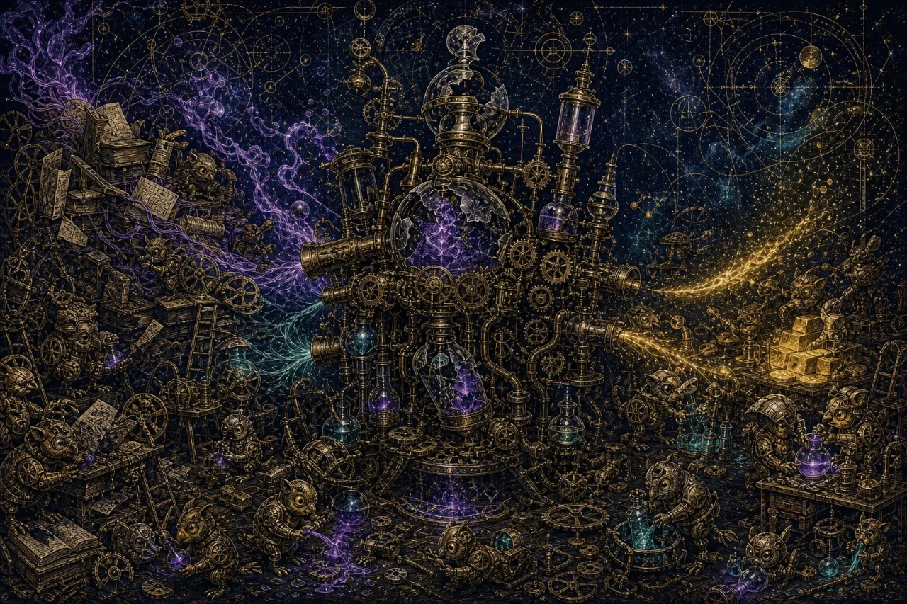 Engraved alchemical cover artwork for &ldquo;The AI Agent Race Everyone's Suddenly Losing&rdquo;