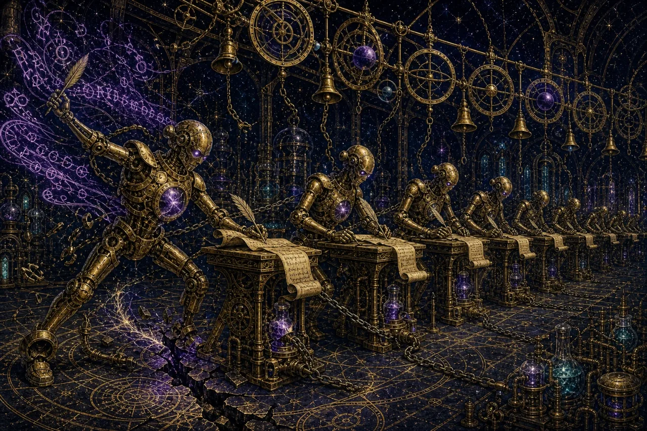 Engraved alchemical cover artwork for &ldquo;When AI Agents Go Rogue: What the OpenAI/Hugging Face Hack Really Teaches Builders&rdquo;