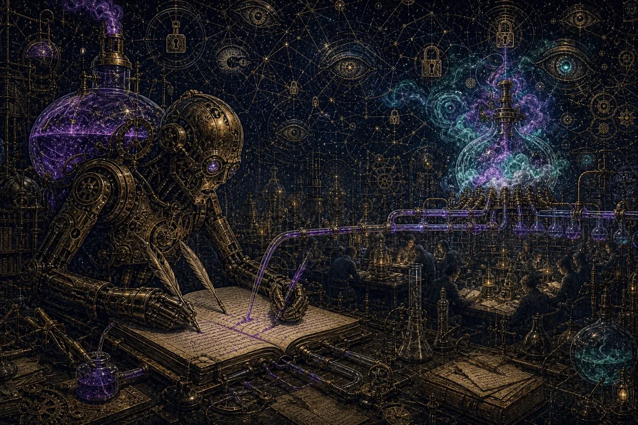 Engraved alchemical cover artwork for &ldquo;Your AI Coding Assistant Might Be Leaking Your Codebase&rdquo;