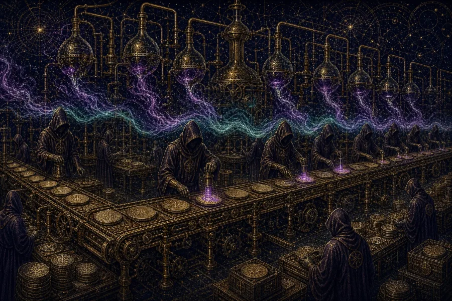 Engraved alchemical cover artwork for &ldquo;The AI Content Problem YouTube Can't Label&rdquo;