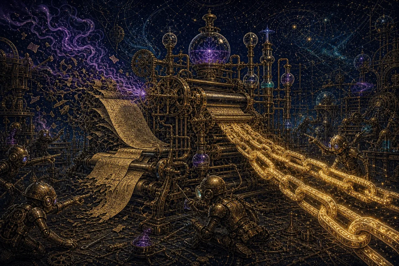 Engraved alchemical cover artwork for &ldquo;AI Can Migrate Your Legacy Code — But Read the Fine Print&rdquo;
