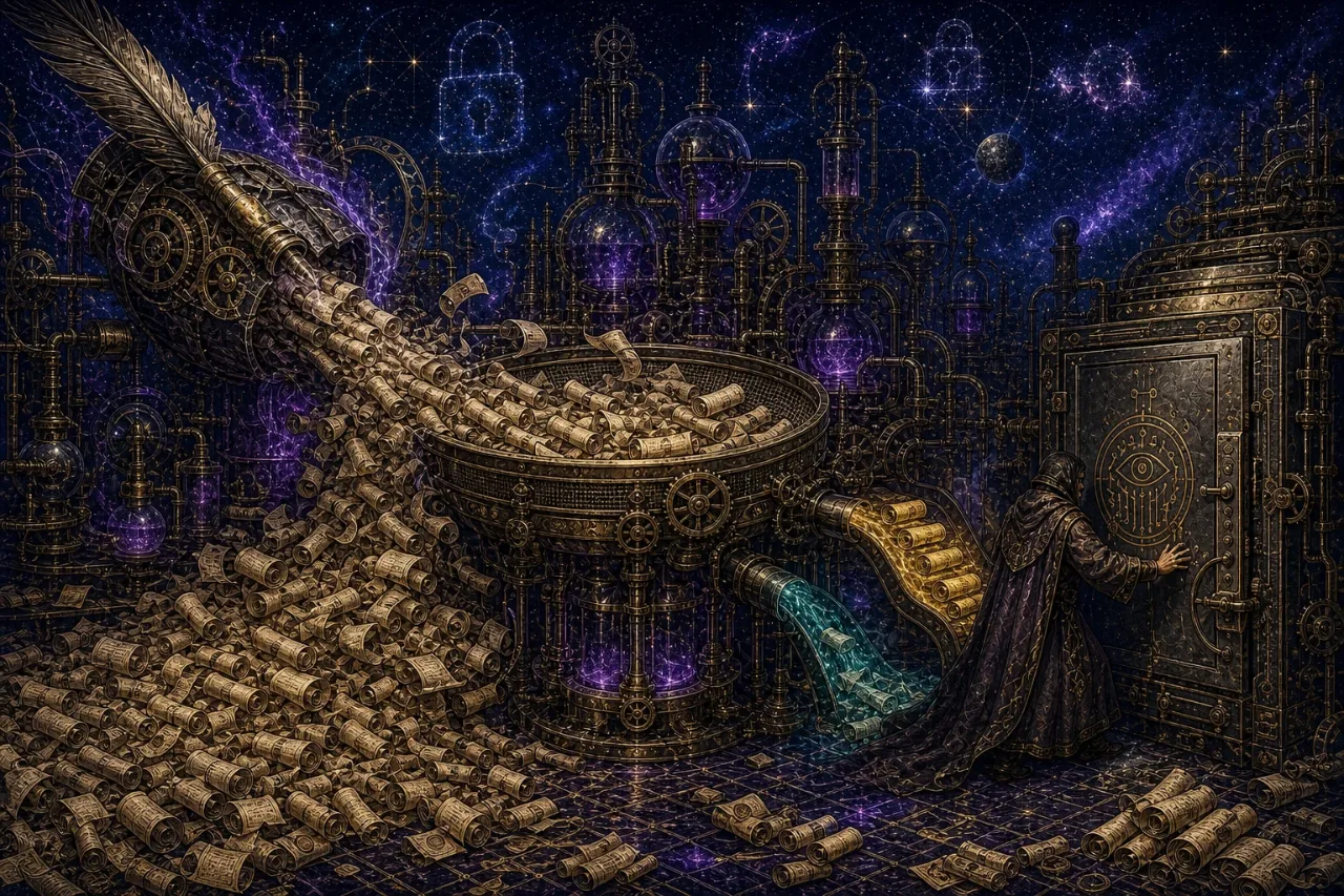 Engraved alchemical cover artwork for &ldquo;AI Slop Is Breaking Open Source: What Google's Bug Bounty Freeze Means for Builders&rdquo;