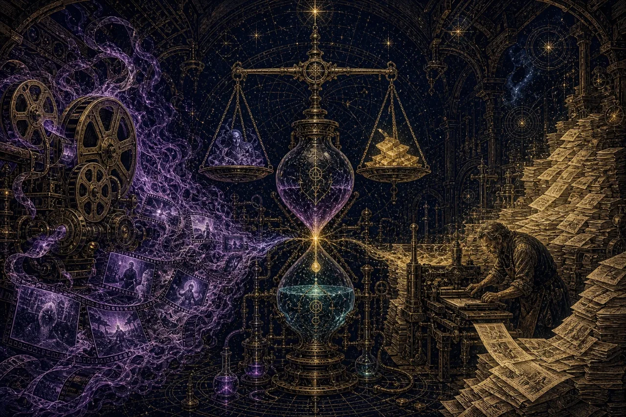 Engraved alchemical cover artwork for &ldquo;AI Slop Movies Are Here — What Content Automation Builders Should Learn from the Backlash&rdquo;