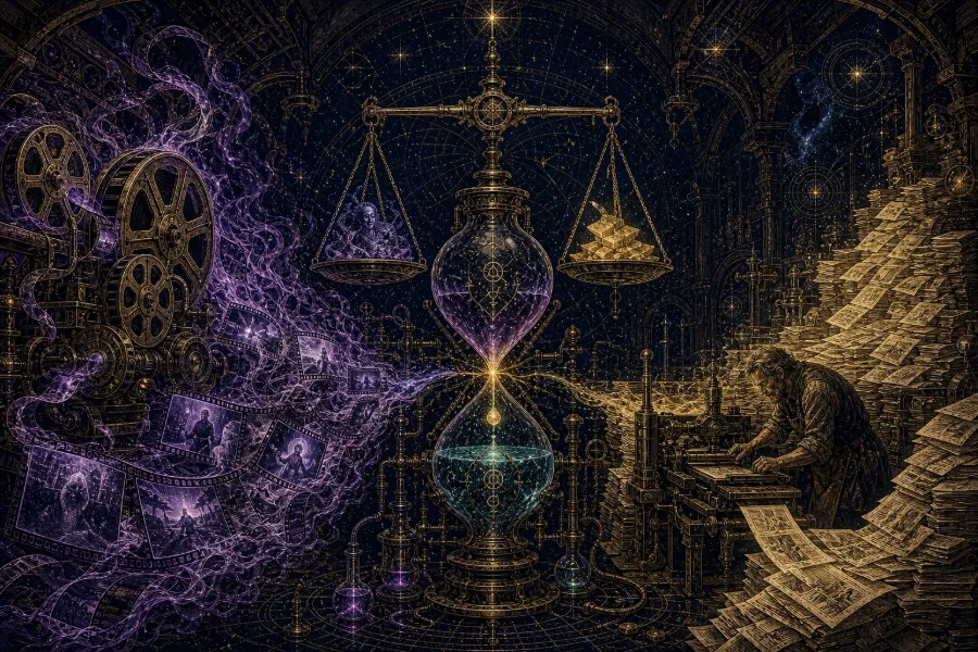 Engraved alchemical cover artwork for &ldquo;AI Slop Movies Are Here — What Content Automation Builders Should Learn from the Backlash&rdquo;