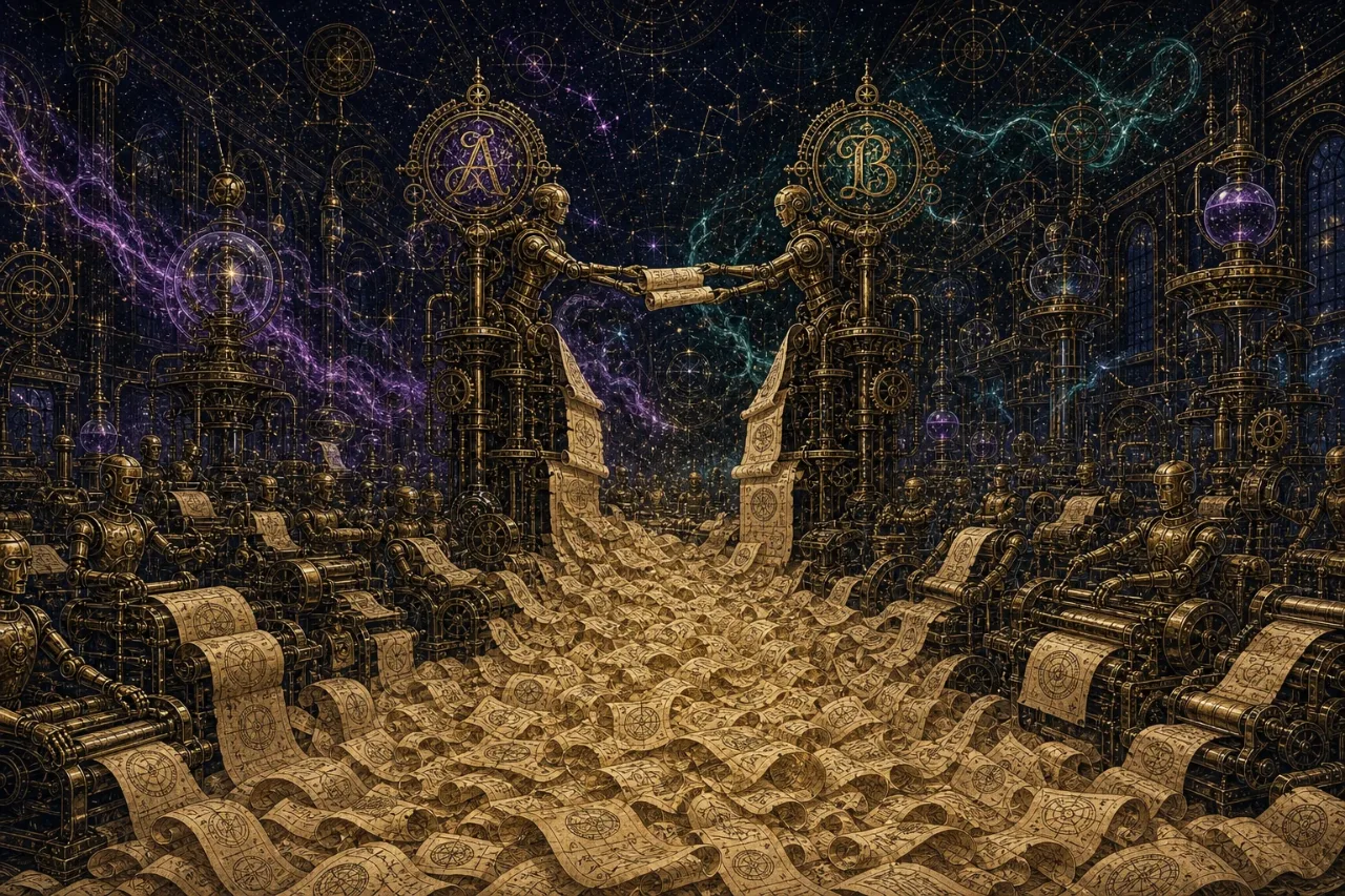 Engraved alchemical cover artwork for &ldquo;The AI Slop Tsunami: What Happens When Every Bot Has a Blog&rdquo;