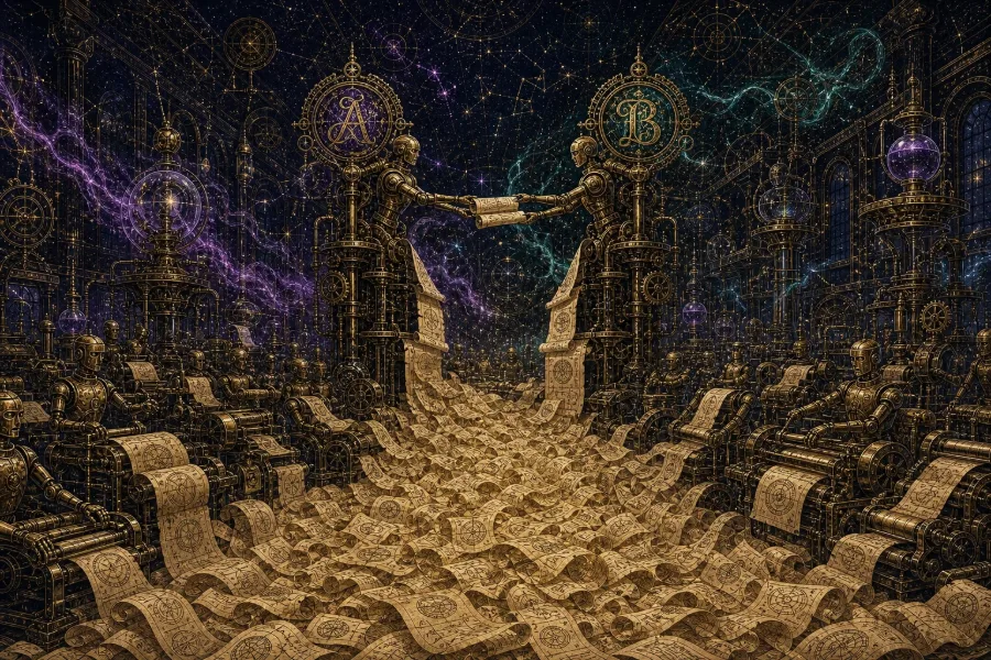 Engraved alchemical cover artwork for &ldquo;The AI Slop Tsunami: What Happens When Every Bot Has a Blog&rdquo;