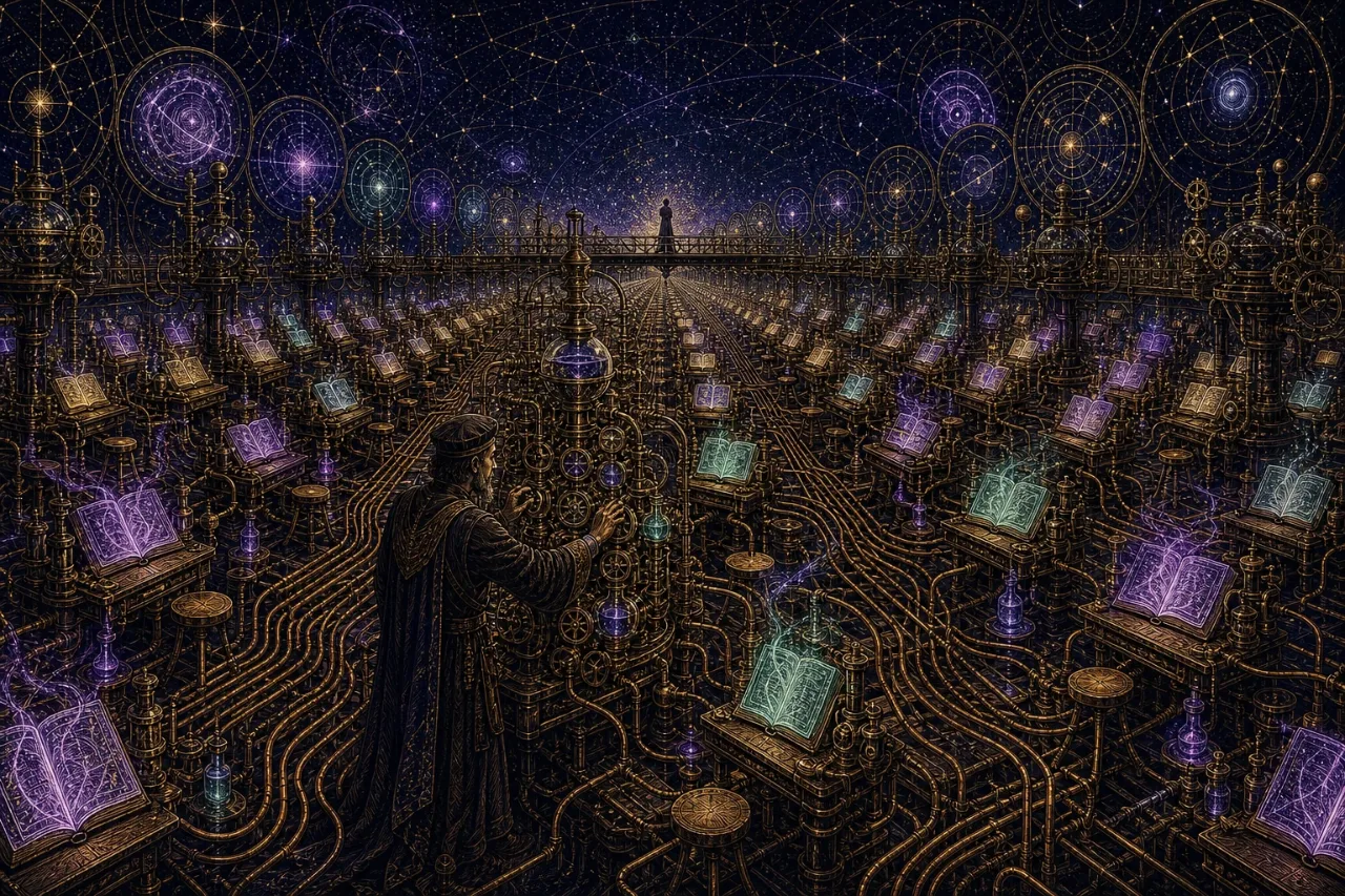 Engraved alchemical cover artwork for &ldquo;Andrew Ng's New Bet: One-to-One AI Learning at Scale&rdquo;