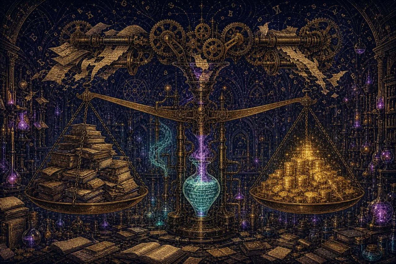 Engraved alchemical cover artwork for &ldquo;Anthropic's $1.5B Settlement: What It Means If You Build on AI Content&rdquo;