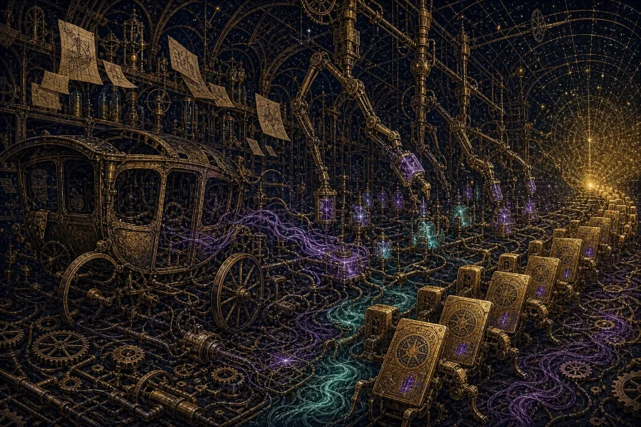 Engraved alchemical cover artwork for &ldquo;Apple's Failed Self-Driving Car Left Behind Its Best AI Chips&rdquo;