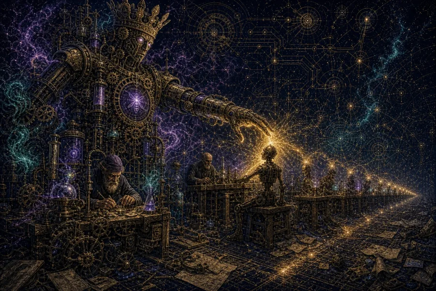 Engraved alchemical cover artwork for &ldquo;AWS Just Legitimised Vibe-Coding — What It Means for Indie SaaS Builders&rdquo;