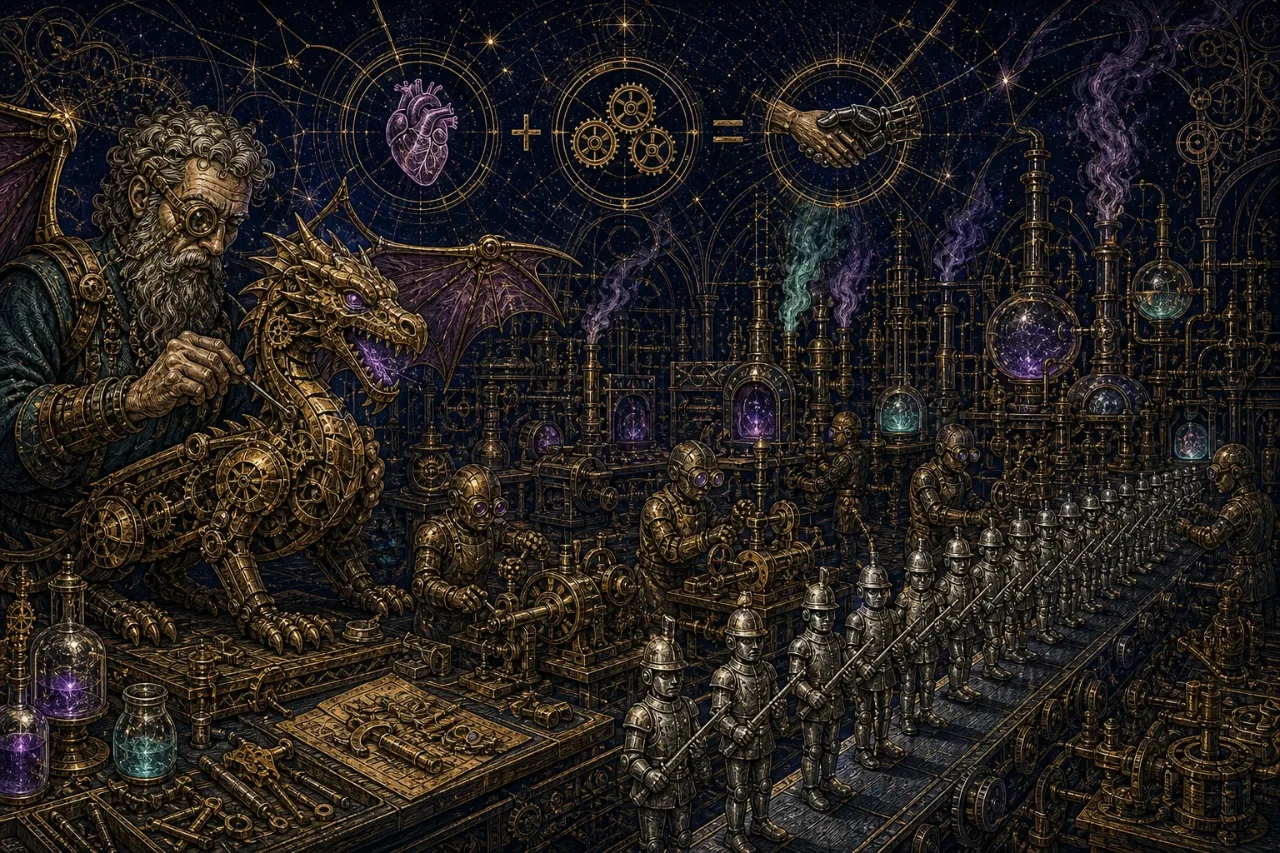 Engraved alchemical cover artwork for &ldquo;What Capcom's AI Playbook Means for Indie SaaS Builders&rdquo;