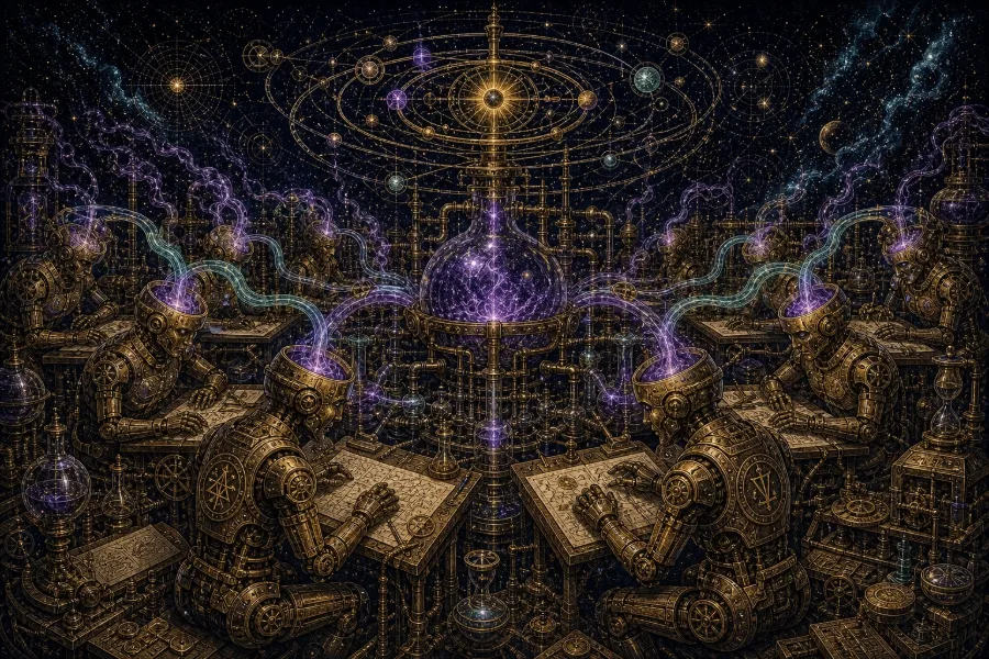 Engraved alchemical cover artwork for &ldquo;Claude Code's New Projects: Your AI Agents Just Got a Shared Brain&rdquo;