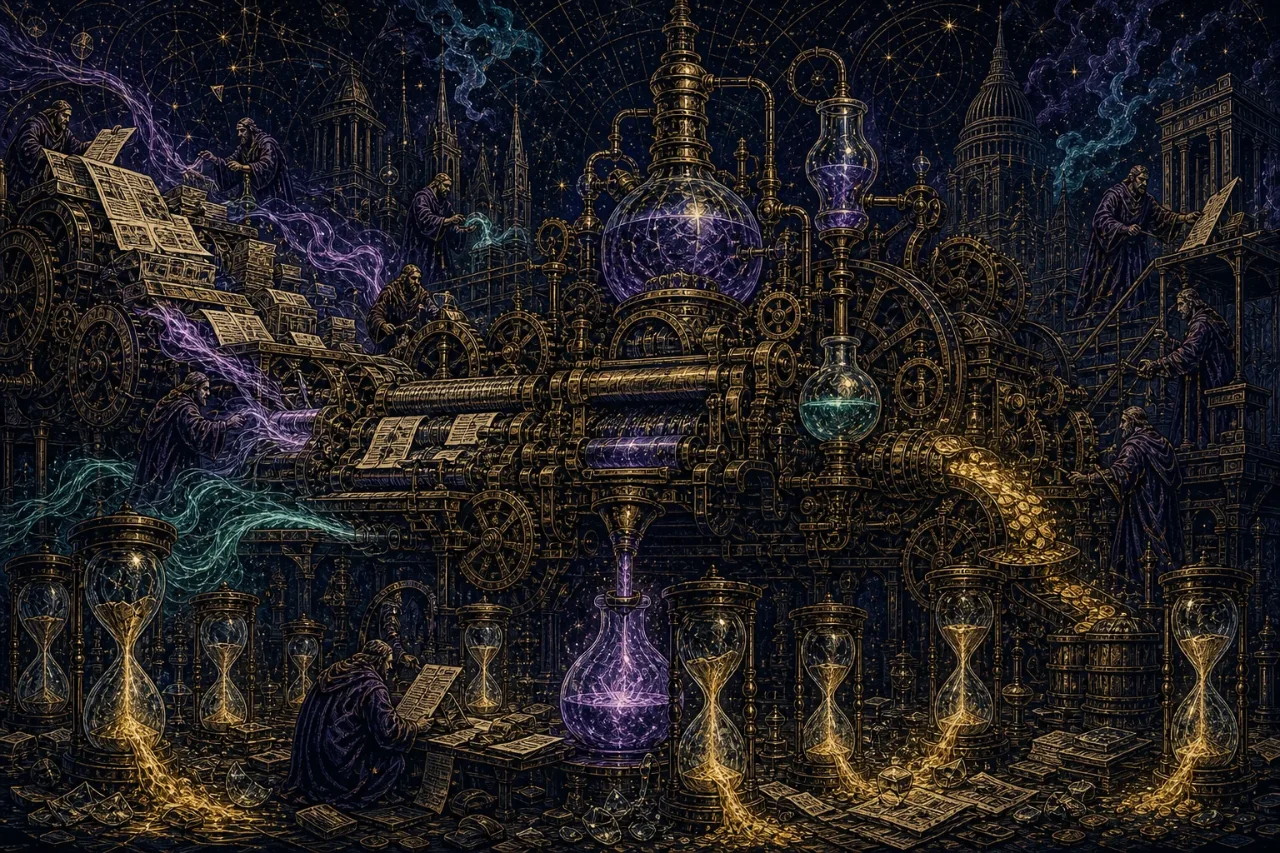 Engraved alchemical cover artwork for &ldquo;The Copyright Clock Is Ticking on AI Content Tools&rdquo;