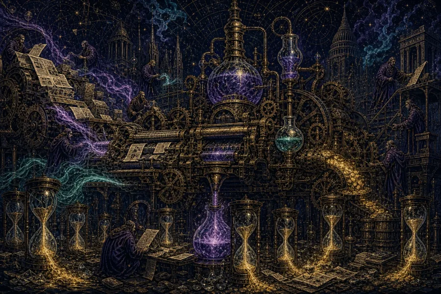 Engraved alchemical cover artwork for &ldquo;The Copyright Clock Is Ticking on AI Content Tools&rdquo;