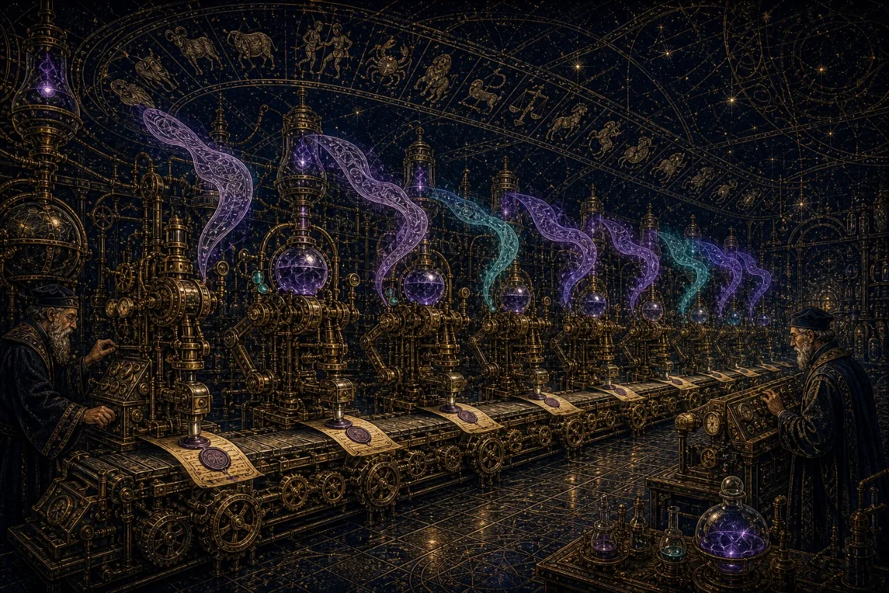 Engraved alchemical cover artwork for &ldquo;EU's New AI Labelling Rules: What SaaS Builders Must Disclose Now&rdquo;