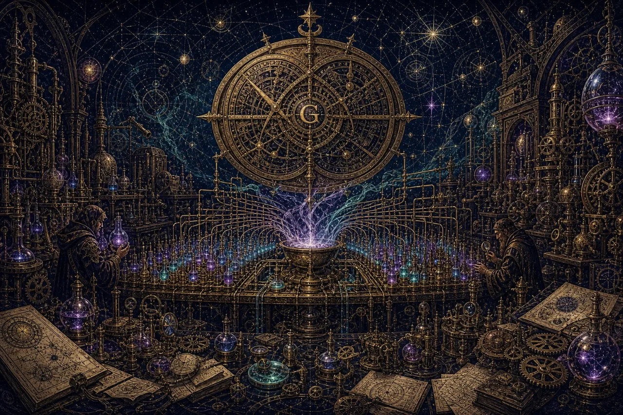 Engraved alchemical cover artwork for &ldquo;Gemini's Billion-User Milestone: What It Means for AI-Powered SaaS Builders&rdquo;