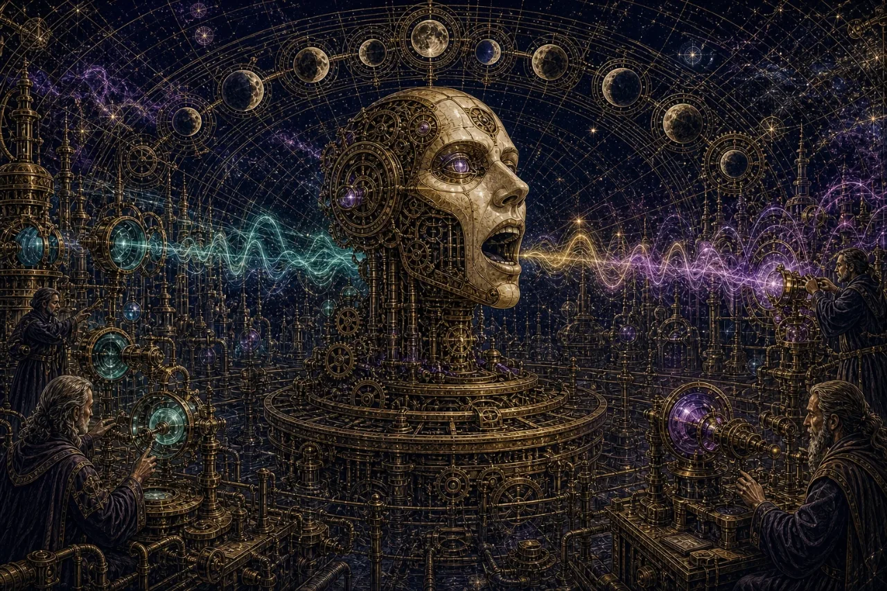 Engraved alchemical cover artwork for &ldquo;Google Gives Gemini a Face: What Live Avatars Mean for AI Content Tools&rdquo;