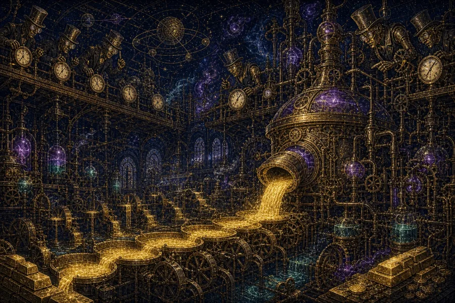 Engraved alchemical cover artwork for &ldquo;Why Google's $205B AI Bet Should Worry (and Reassure) SaaS Builders&rdquo;