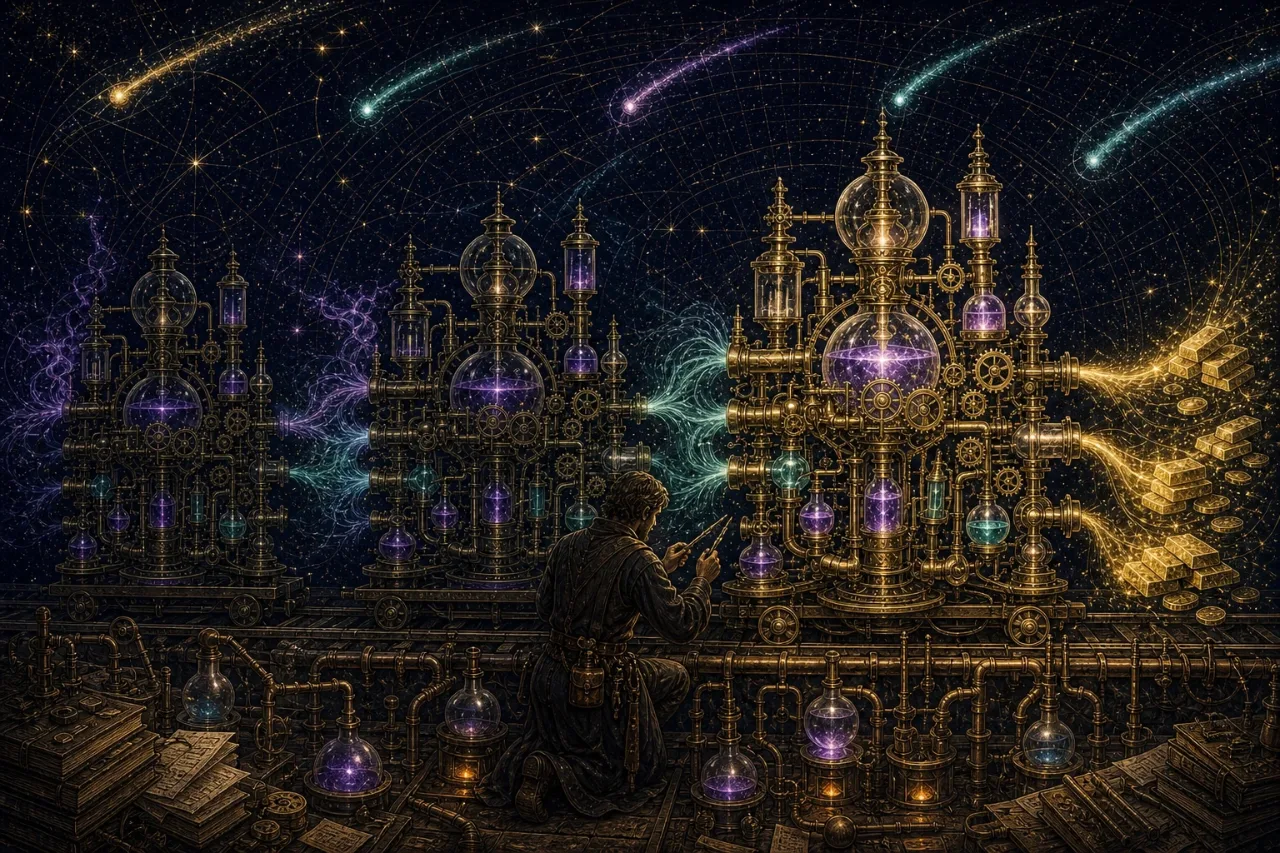 Engraved alchemical cover artwork for &ldquo;Google's Third Flash Model in Six Weeks: What the AI Arms Race Means for Builders&rdquo;