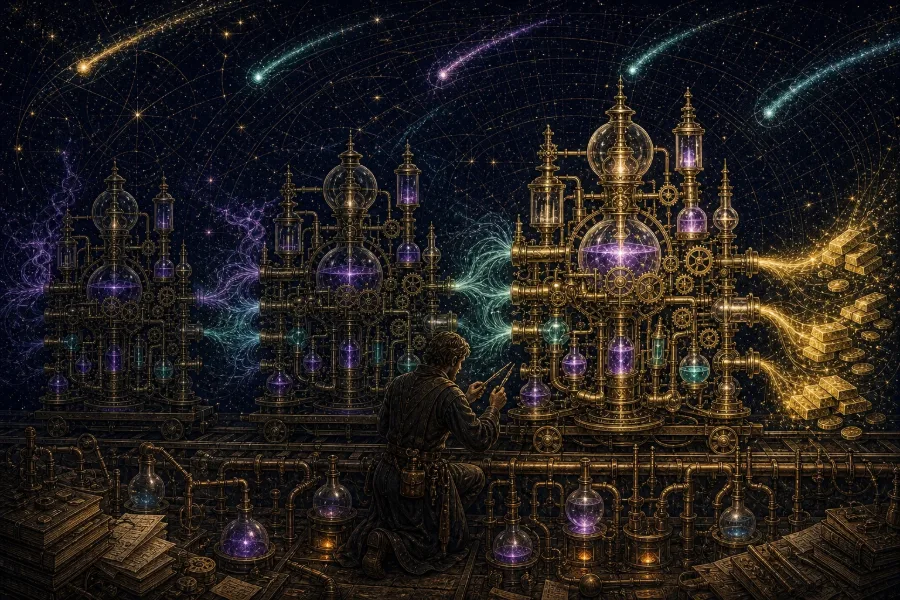 Engraved alchemical cover artwork for &ldquo;Google's Third Flash Model in Six Weeks: What the AI Arms Race Means for Builders&rdquo;