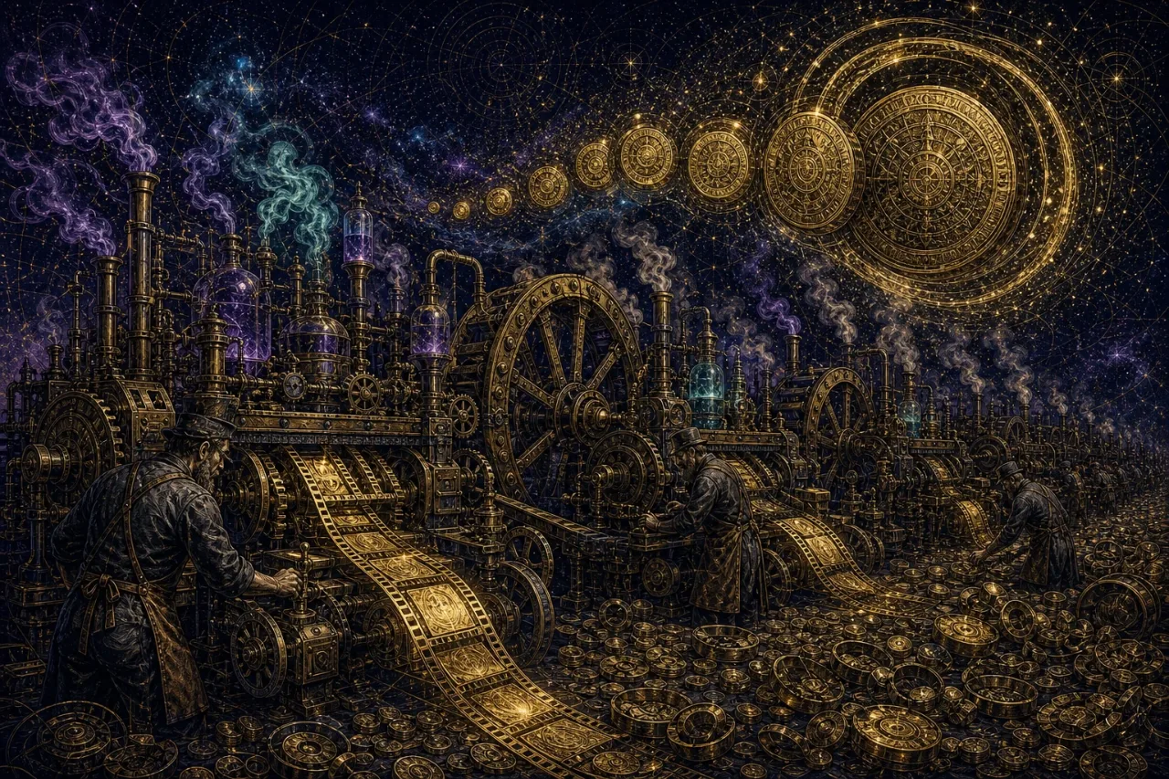 Engraved alchemical cover artwork for &ldquo;Higgsfield's $5.4B Valuation Shows the AI Content Gold Rush Isn't Slowing&rdquo;