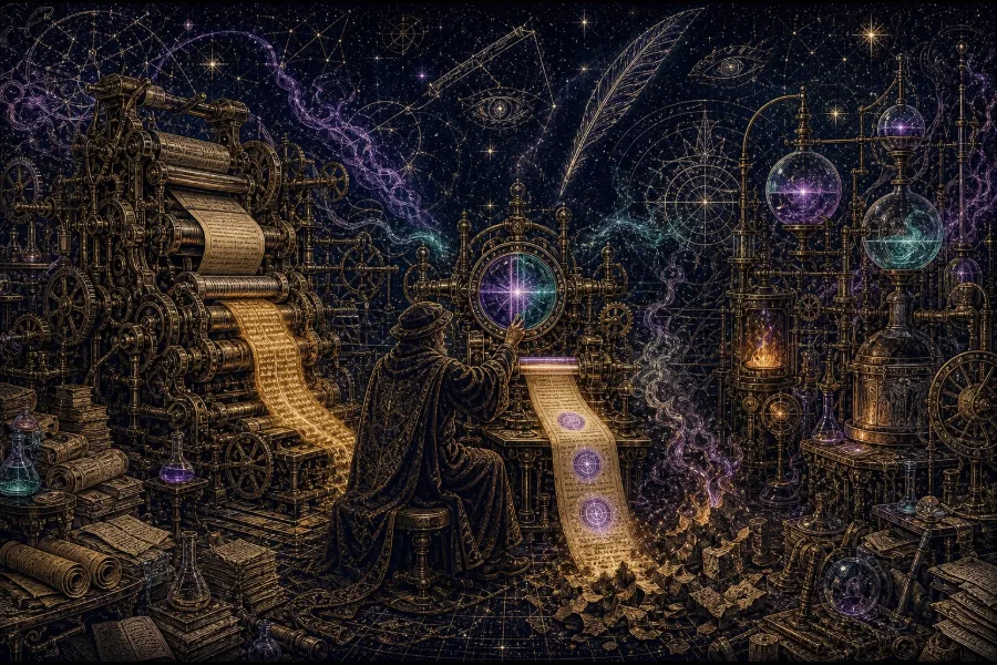Engraved alchemical cover artwork for &ldquo;How to Create a News Website With AI (Without Publishing Slop)&rdquo;