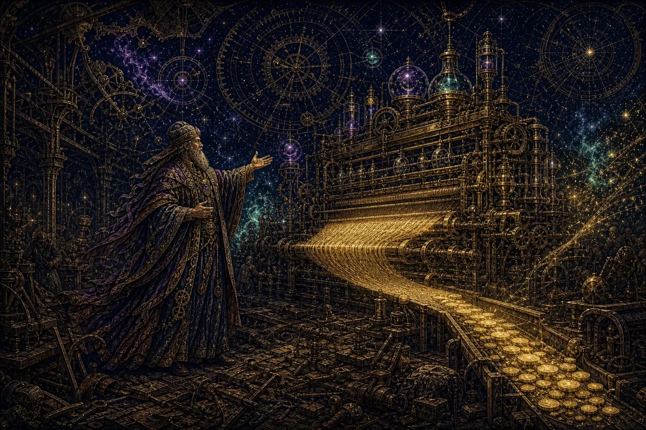Engraved alchemical cover artwork for &ldquo;Jensen Huang Says AI Fears Are Overblown — Should We Believe the Guy Selling the Shovels?&rdquo;