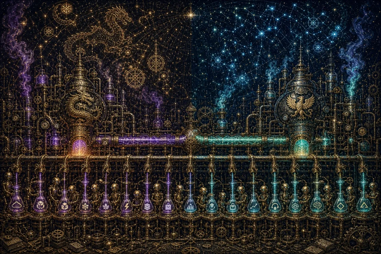 Engraved alchemical cover artwork for &ldquo;Kimi's Rise: Is China's Open AI Push a Threat to Western SaaS Builders?&rdquo;