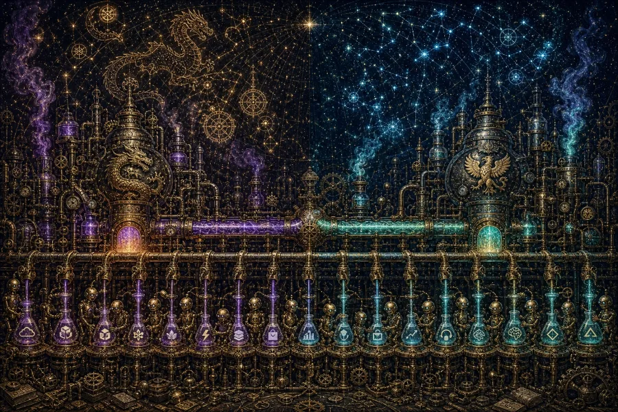 Engraved alchemical cover artwork for &ldquo;Kimi's Rise: Is China's Open AI Push a Threat to Western SaaS Builders?&rdquo;