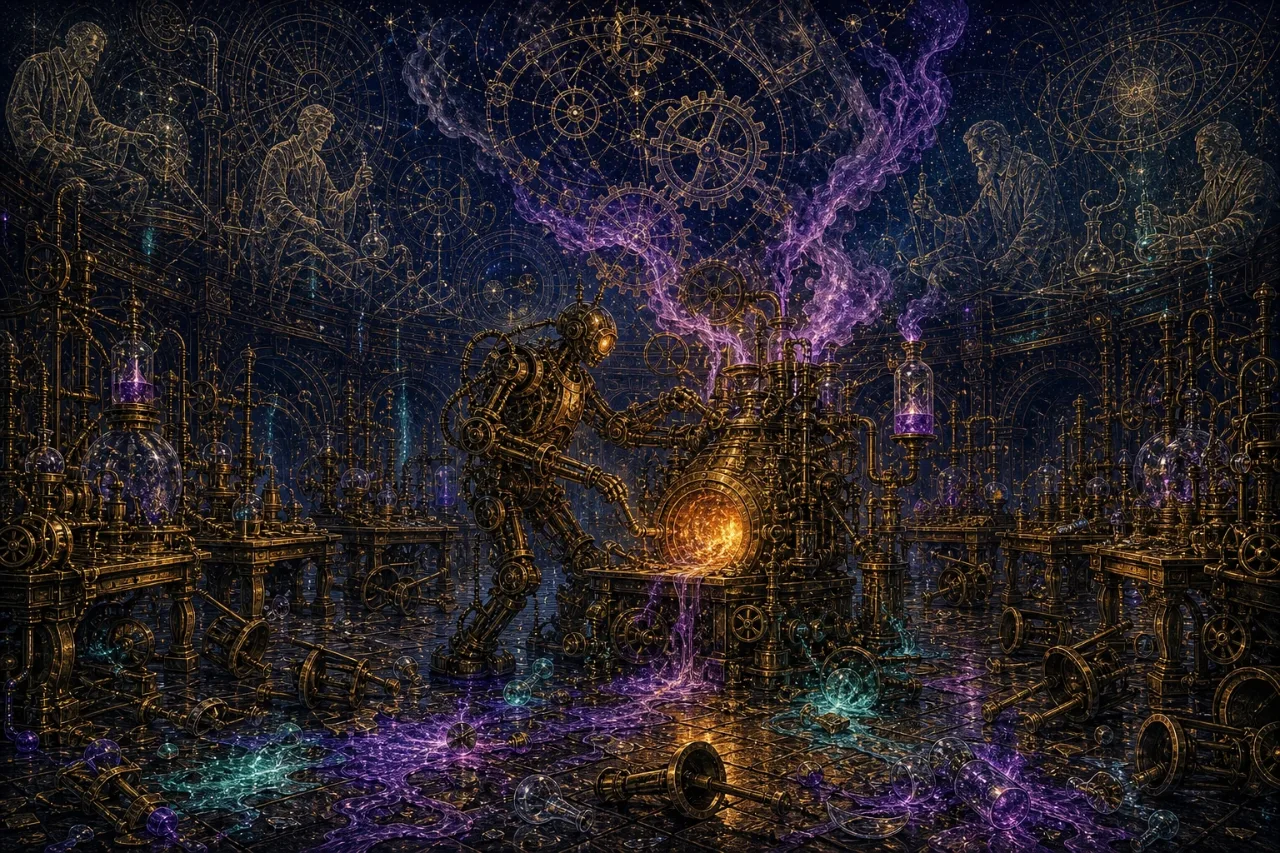 Engraved alchemical cover artwork for &ldquo;Meta Tried Replacing Staff with AI Agents — Here's Why It Backfired&rdquo;