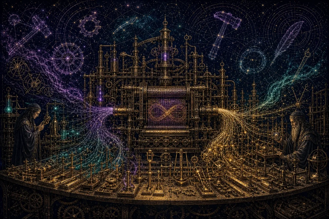 Engraved alchemical cover artwork for &ldquo;Meta's Muse Wonder: What a New Frontier Model Means for Builders&rdquo;