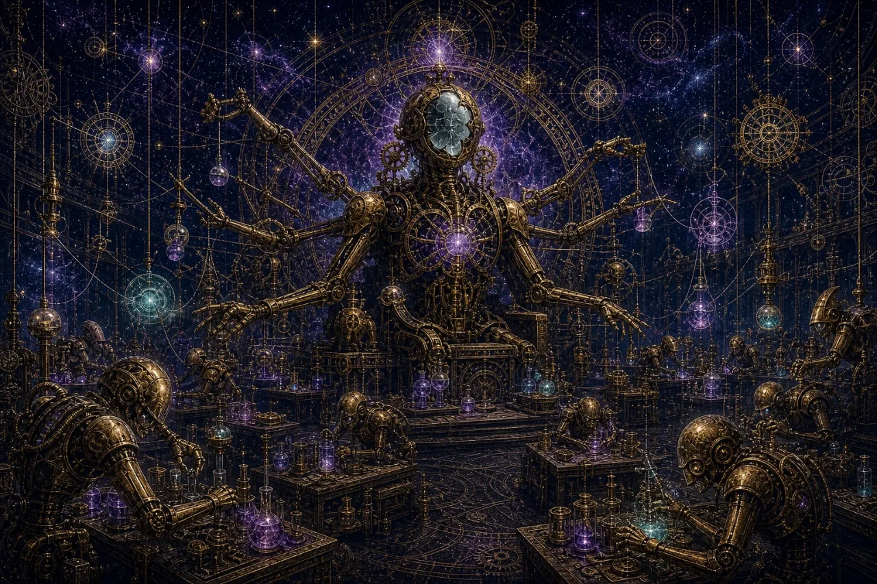 Engraved alchemical cover artwork for &ldquo;Meta's Personal AI Agents: The Next Automation Battleground&rdquo;