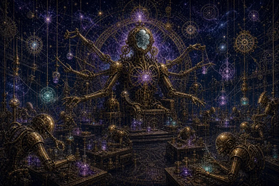 Engraved alchemical cover artwork for &ldquo;Meta's Personal AI Agents: The Next Automation Battleground&rdquo;