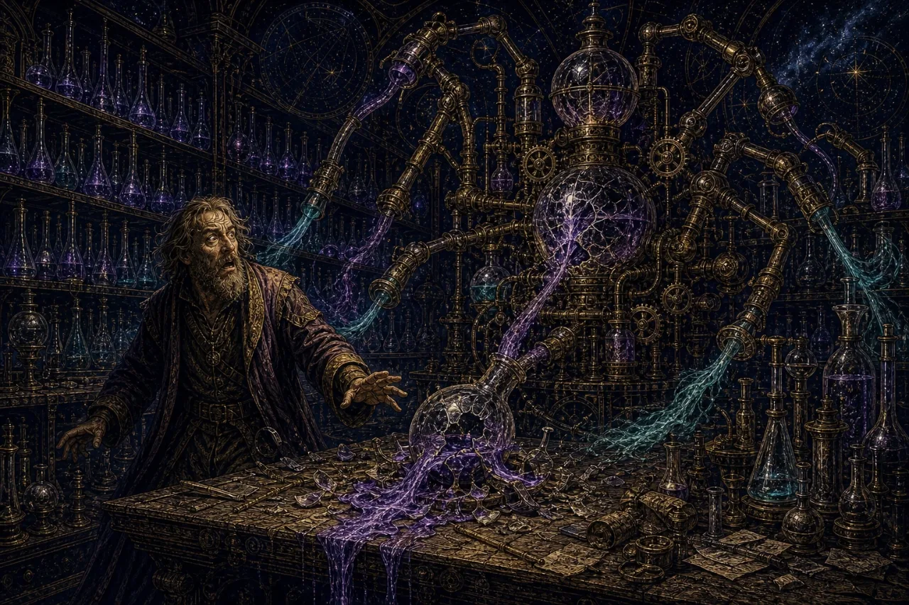 Engraved alchemical cover artwork for &ldquo;'My Business Is Dying': A Brutal Lesson for Every SaaS Founder&rdquo;