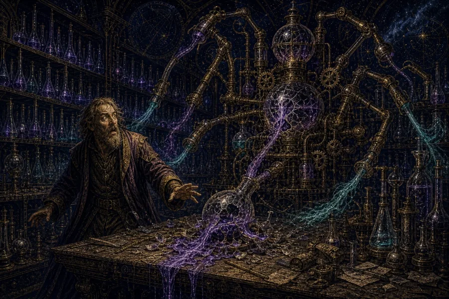 Engraved alchemical cover artwork for &ldquo;'My Business Is Dying': A Brutal Lesson for Every SaaS Founder&rdquo;
