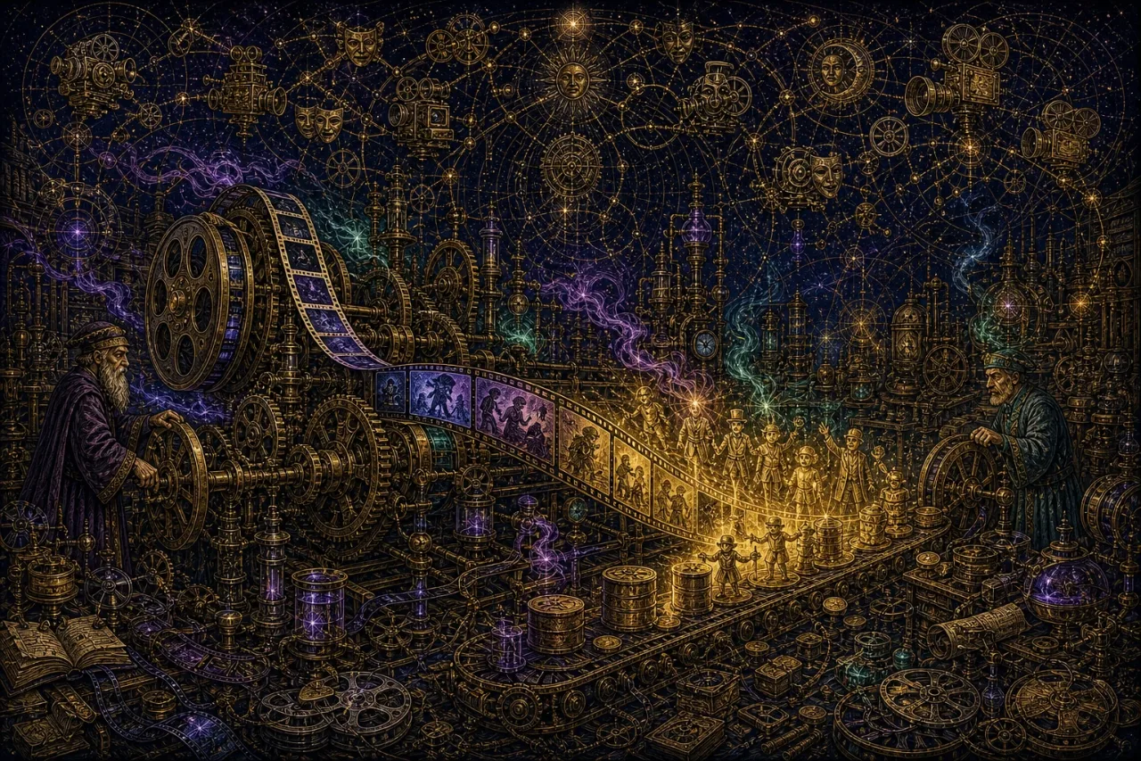 Engraved alchemical cover artwork for &ldquo;Netflix Just Paid $587M to Own an AI Filmmaking Pipeline — What It Means for Content Creators&rdquo;