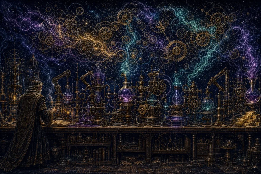 Engraved alchemical cover artwork for &ldquo;There's No Such Thing as a Small Software Team Anymore — AI Changed the Math&rdquo;