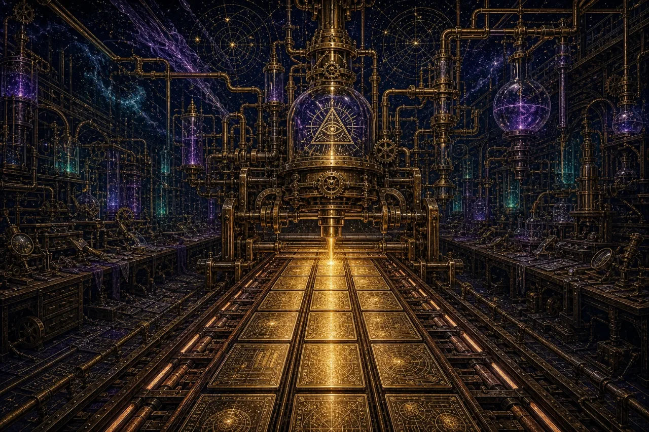 Engraved alchemical cover artwork for &ldquo;OpenAI Buys a Slide-Deck Startup: What NextSlide Tells Us About the AI Content Stack&rdquo;