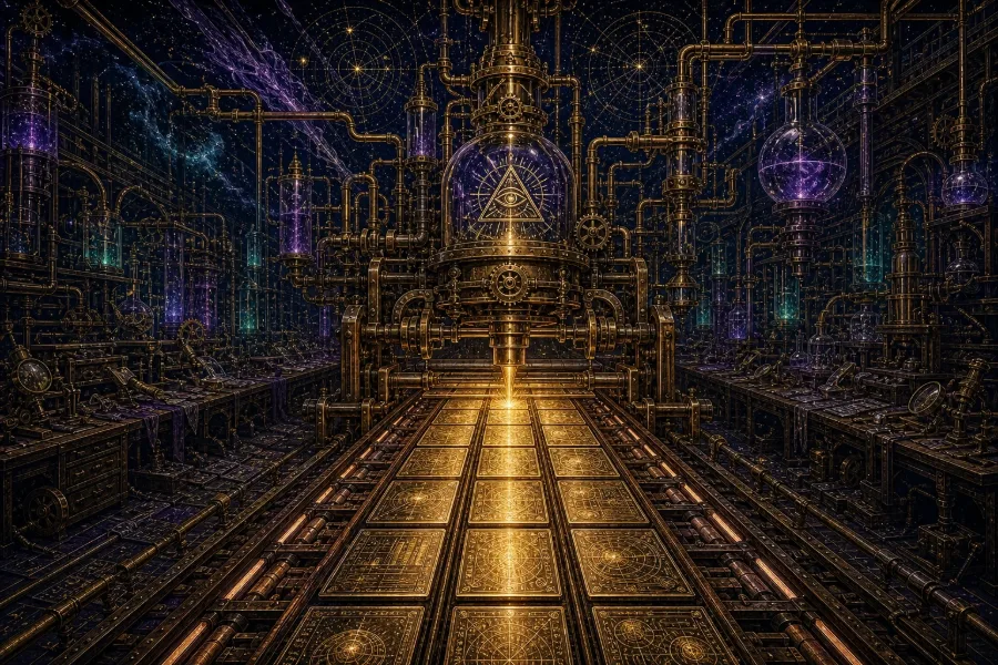 Engraved alchemical cover artwork for &ldquo;OpenAI Buys a Slide-Deck Startup: What NextSlide Tells Us About the AI Content Stack&rdquo;