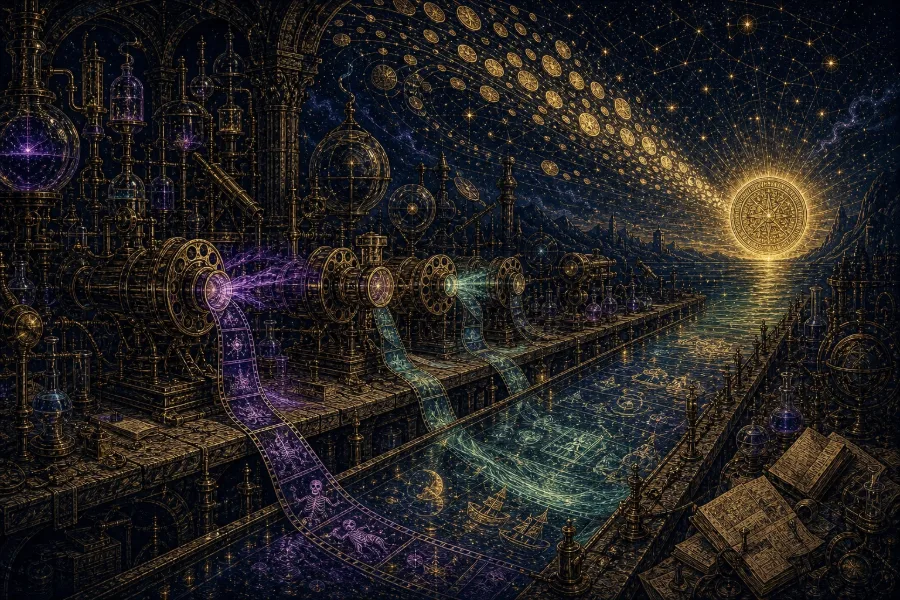 Engraved alchemical cover artwork for &ldquo;PixVerse's $439M Raise Shows Video-Gen AI Isn't Slowing Down&rdquo;