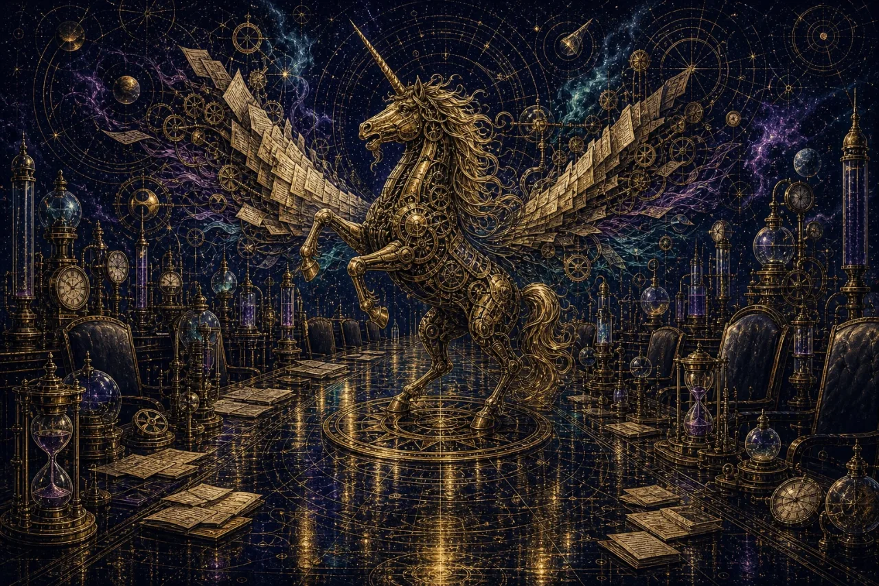 Engraved alchemical cover artwork for &ldquo;How a Single Board Meeting Turned an AI SaaS Into a Unicorn in 48 Hours&rdquo;