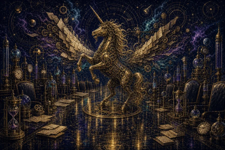 Engraved alchemical cover artwork for &ldquo;How a Single Board Meeting Turned an AI SaaS Into a Unicorn in 48 Hours&rdquo;