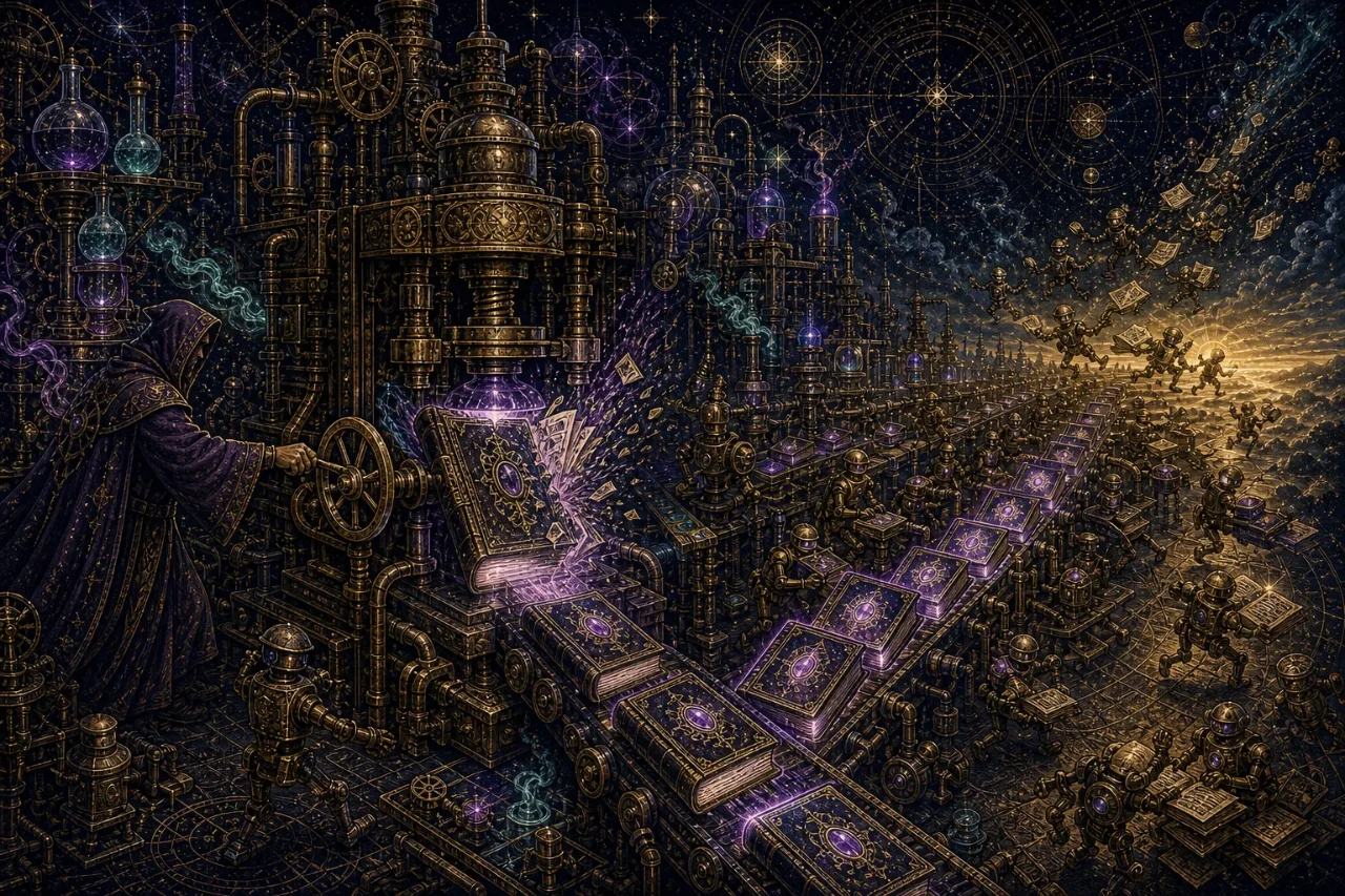 Engraved alchemical cover artwork for &ldquo;'Software Is Over': The Open-Source AI Assault on Adobe&rdquo;