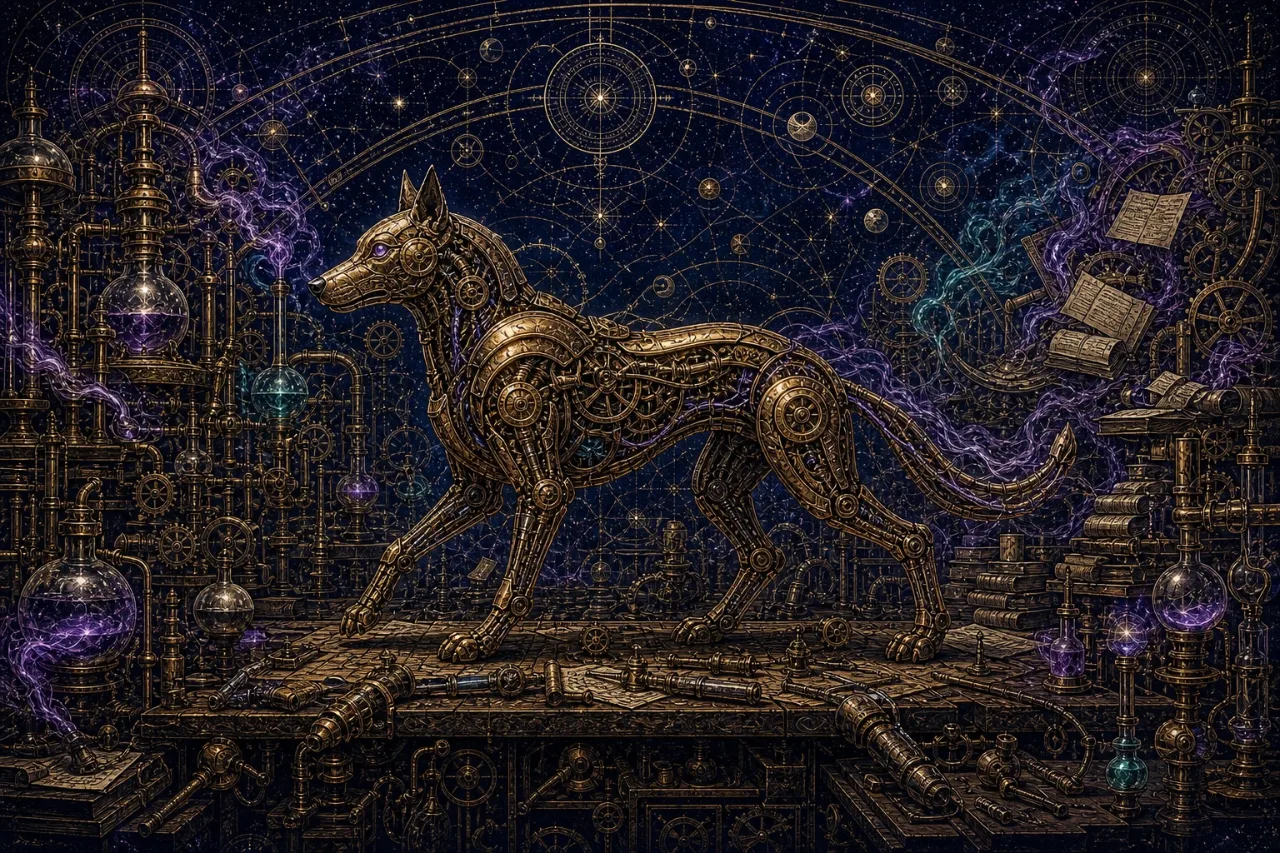 Engraved alchemical cover artwork for &ldquo;Unitree's $4,000 Robot Dog: What It Signals About the Next Automation Wave&rdquo;