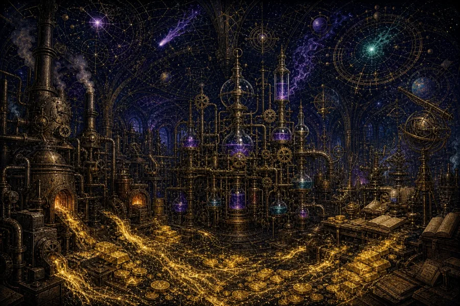 Engraved alchemical cover artwork for &ldquo;Unsexy AI: Where the Real Money Is Being Made&rdquo;