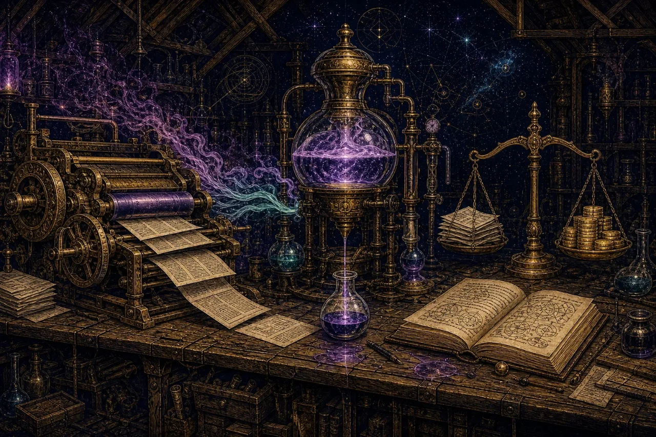 Engraved alchemical cover artwork for &ldquo;What Is NewsMasher? A Plain-English Walkthrough From One of the People Behind It&rdquo;