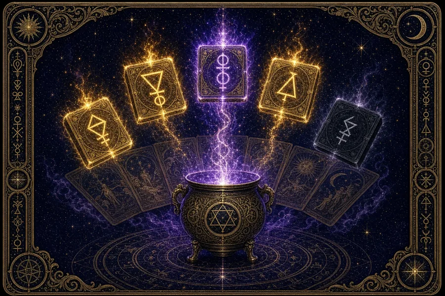 Engraved alchemical cover artwork for &ldquo;TRANSMUTE: A Daily Word Game Where Solving It Deals You a Card&rdquo;