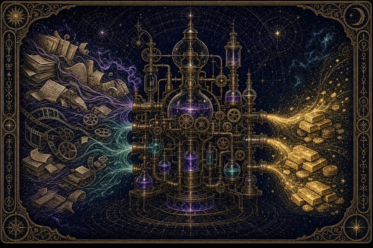 Engraved alchemical cover artwork for &ldquo;The Masher Method: Turning Raw Content into Gold&rdquo;